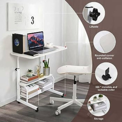 Height Adjustable Movable Laptop Desk With 2 layer Storage Shelf